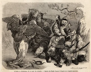 Schauspieler und Tänzer des Mikado-Hofes in Bühnenkostümen. Gravur zur Illustration der Reise nach Japan 1863-1864, von Aime Humbert, Minister der Schweizerischen Eidgenossenschaft, in 