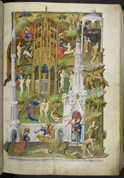 Szenen aus der Schöpfung und dem Sündenfall, Adam und Eva und ihre Söhne Kain und Abel, aus dem Stundenbuch (The Bedford Hours) (ca. 1410-30)