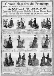 Werbung für die Eröffnung der allgemeinen Ausstellung und den Verkauf von Neuheiten der Sommersaison (Sommerkollektion) in den Kaufhäusern Printemps in Paris. Gravur in „L