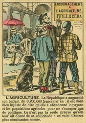Die Landwirtschaft veranschaulicht die Vorteile der Dritten Republik für landwirtschaftliche Investitionen und ihre Sorge um die bäuerliche Bevölkerung. Gravur in „Le Figaro, Supplement“, am 30.03.1889, Paris. Sammlung Selva.