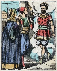 Aladin und seine Mutter reiben die magische Lampe und lassen den Dschinn erscheinen. Gravur der Geschichte aus Tausendundeine Nacht „Aladin und die Wunderlampe“. Epinal-Bild, Ende des 19. Jahrhunderts. Private Sammlung.