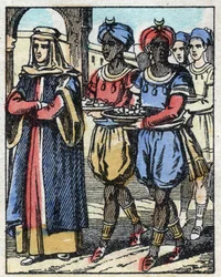 Aladin schickt erneut seine Mutter, begleitet von Sklaven, die Geschenke tragen, um der Tochter des Sultans einen Heiratsantrag zu machen. Gravur aus dem Märchen „Aladin und die Wunderlampe“ aus Tausendundeine Nacht. Epinal-Bild, Ende des 19. Jahrhunderts.
