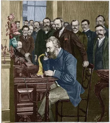 Alexander Graham Bell (1847-1922) eröffnete die Fernleitung New York-Chicago, 18. Oktober