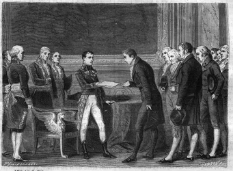 Zuweisung des Ersten Konsuls Bonaparte an die Schweizer Abgeordneten der Helvetischen Republik, indem er ihnen im November 1802 den Mediationsakt überreicht - Gravur aus „Histoire du Consulate et de l