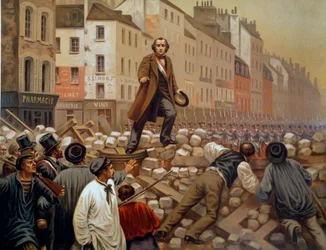 Alphonse Baudin (1811-1851) auf der Barrikade der Faubourg Saint Antoine am 3.12.1851 während des Staatsstreichs von Louis Napoleon III. (Louis-Napoleon Bonaparte). Gravur von 1851