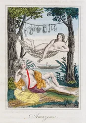 Amazonen, Illustration aus Histoire des voyages autour du monde von J. Dufay, herausgegeben von Courvalet & Co., Paris, 1826 (Farbstich)