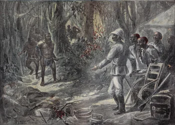 Ein englischer Reisender Lloyd entdeckt die Pygmäen bei der Erkundung Afrikas. Gravur in 