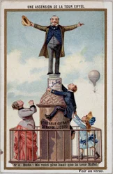 Ein Aufstieg auf den Eiffelturm: die Ankunft an der Spitze - Chromo. Liebig, Anfang 20. Jahrhundert