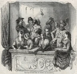 Eine Avant-Stage-Loge im Luxemburger Theater in Paris im 19. Jahrhundert - Gravur in „Tableau-de-Paris“ von Edmond Texier 1852