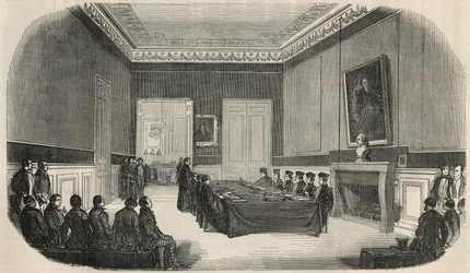 Eine Prüfung im Sitzungssaal der juristischen Fakultät in Paris - Gravur in „Tableau-de-Paris“ von Edmond Texier 1852