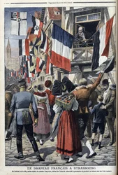Ein alter französischer Soldat im von Deutschland besetzten Straßburg darf die französische Flagge zeigen - „Le Petit Journal“ vom 20. September 1908 (Gravur)