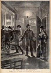 Anarchisten in England. Die Polizei durchsucht den Autonomie-Club in London. Anarchisten in England. Polizei im Londoner Autonomie-Club. Illustration für Le Petit Journal, 5. März 1894