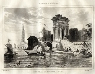 Ancona - Italien - Der Bogen von Trajan, antikes römisches Werk, Apollodoro zugeschrieben - Der Bogen befindet sich in Ancona - Gravur aus „Italien malerisch“ - Historische und beschreibende Malerei von Italien“ von M. de Norvins, Ch. Nodier 1834-1836