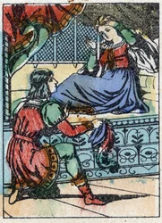 Anonyme Illustration zu „Dornröschen“, Märchen von Charles Perrault (1628-1703), französischer Schriftsteller. Holzstich von Imaging Pellerin - Epinal, sd. Ende des 19. Jahrhunderts.