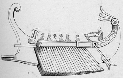Antike Galeere mit drei Ruderreihen. Gravur in „La Marine et les colonies: commerce“