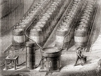 Apparat zur Herstellung von Wasserstoffgas durch die Einwirkung von Schwefelsäure auf Eisen beim Befüllen eines Ballons, aus 