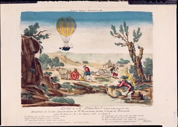 Erscheinung des Heißluftballons von Jean Pierre Blanchard (1753-1809) zwischen Calais und Boulogne, 1785