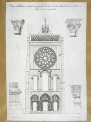 Architektur: Ansicht des großen Portals der Kathedrale von Chartres - Denkmal des 12. Jahrhunderts, Platte des 19. Jahrhunderts