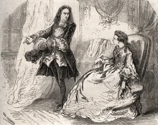 Armande Béjart (1641-1700), Ehefrau von Jean-Baptiste Poquelin, genannt Molière (1622-1673), mit ihrem Liebhaber, dem Grafen von Guiche. Stich von 1871 in „Histoire des cocus célèbres“ von Henry de Kock (1819-1892).