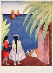 Ankunft der französischen Fregatten in der Bucht von Conception, Reisen von Perouse, Kopie von M. Charles Sanlaville, Illustration aus Histoire de la Nation Francaise, von Gabriel Hanotaux