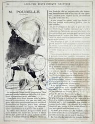 Artikel und Karikatur über Eugène Poubelle (1831-1907), Präfekt der Seine und Erfinder der Mülltonnen im Jahr 1884. 10.04.1885. Paris, Polizeipräfektur