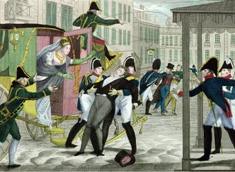 Ermordung von Charles-Ferdinand von Frankreich (1778-1820), Herzog von Berry, durch Louis Louvel, vor dem Opernhaus in der Rue de Richelieu