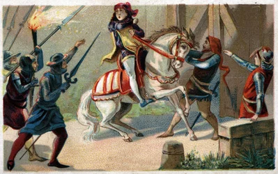 Ermordung von Étienne Marcel, reichem Tuchhändler und Prévôt des marchands (1316-1358), durch den Schöffen Jean Maillart, einen der Anführer der royalistischen Partei, im Juli 1358. Chromolithografie aus dem späten 19. Jahrhundert.