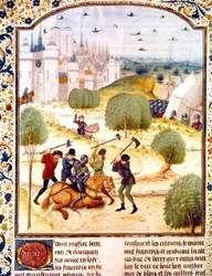 Ermordung eines englischen Ritters vor Paris im Jahr 1437 (Hundertjähriger Krieg), Buchmalerei aus der von Jean de Wavrin verfassten Chronik Englands