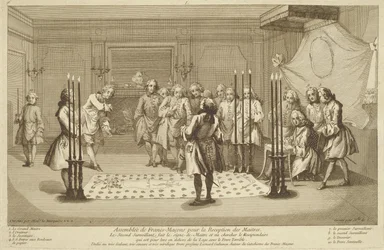 Versammlung der Freimaurer vor der Einweihung eines Meisters, aus Die Zeremonien der Religion und des Brauchtums, um 1733