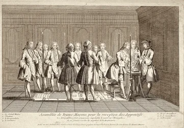 Versammlung der Freimaurer zur Aufnahme von Lehrlingen (Gravur)