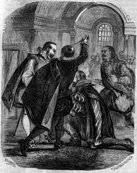 Attentatsversuch von Jean Chastel (Jean Châtel) (1575-1594) auf den französischen König Heinrich IV. am 27. Dezember 1594. Stich aus dem 19. Jahrhundert.