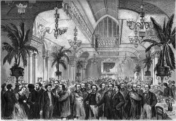 Bankett der Zeitung „Le Figaro“, gegeben am 6. Februar 1864 im Salon des Restaurants Passage des Princes in Paris, an dem Journalisten, Schriftsteller, Künstler teilnehmen... Anwesend sind von links nach rechts: Nestor Roqueplan, Mme Ugalde, de Montaut, Pe