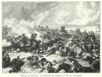 Schlacht von Waterloo, Marschall Ney führt die Kürassiere an (Gravur)