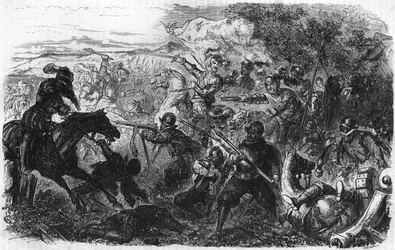 Schlacht von Coutras im Jahr 1587, gewonnen von Henri de Navarre, dem zukünftigen Heinrich IV. In „Histoire Populaire de la France“, ca. 1885. Gravur.