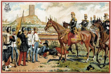 Schlacht von Solferino: Sieg in der Schlacht von Solferino gegen die Österreicher im Jahr 1859 - Forey-Division. Liebig Chromolithografie