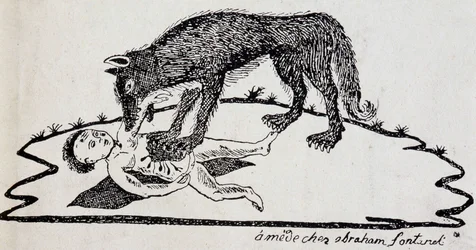 Bestie zerreißt ein Kind (Bestie des Gévaudan) - Holzstich veröffentlicht in Mende (Archive du Puy-de-Dôme)