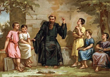 Benoit de Nursie, oder Heiliger Benedikt, lehrt seine Regel, Chromolithographie des späten 19. Jahrhunderts