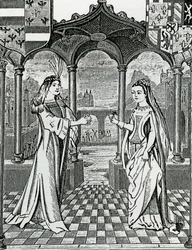 Verlobung von Maximilian I. und Maria, Herzogin von Burgund im Jahr 1477, nach einem Bild in den Chroniques de Flandre