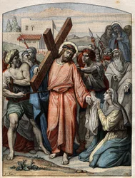 Biblische Szene - Kreuzweg: Jesus wird von der heiligen Veronika das Gesicht abgewischt. Gravur in 