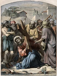Biblische Szene - Kreuzweg: Jesus wird von Simon von Cyrene (dem Zyrenäer) geholfen. Gravur in „Le Pelerin“ vom 13. September 1896