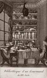 Bibliothek eines Gourmets des 19. Jahrhunderts - Gravur in „Almanach des Gourmands, als Leitfaden für die Zubereitung exzellenter Speisen. Von einem alten Liebhaber“ von Alexandre Balthazar Laurent Grimod de la Reyniere - 1804-1812
