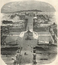 Vogelperspektive auf den Place de la Concorde, Rue Royale mit der Kirche der Madeleine - Gravur in „Tableau-de-Paris“ von Edmond Texier 1852.