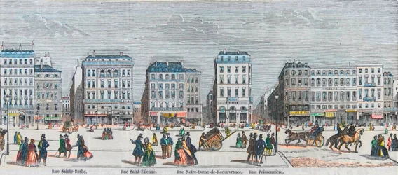 Boulevard Poissonniere - Rue Saint Barbe - Rue Saint Etienne - Rue Notre Dame de Reouvrance - Rue Poissonniere - Gravur in "Tableau-de-Paris" von Edmond Texier 1852