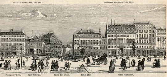Boulevard des Italiens und Boulevard Montmartre - Café Mulhouse - Cercle Montmartre - Jockey Club - Gravur in „Tableau-de-Paris“ von Edmond Texier 1852