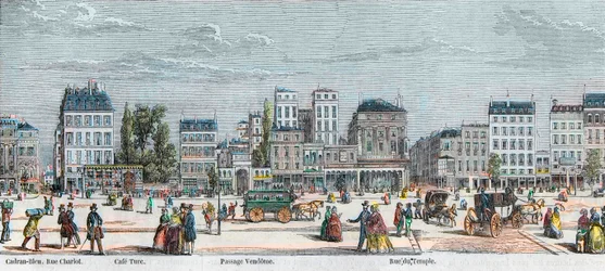 Boulevard du Temple Südseite - Rue Charlot - Café Turk - Passage Vendôme - Rue du Temple - Gravur in „Tableau-de-Paris“ von Edmond Texier 1852