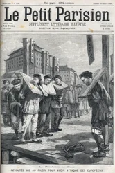 Boxeraufstand in China im Jahr 1898: Aufständische an den Pranger gestellt wegen Angriffs auf Europäer. Titelblatt von „Le petit parisien“ von 1898.