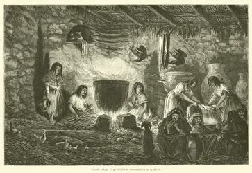 Städtisches Wirtshaus, Destillation und Konsum von Chicha (Gravur)