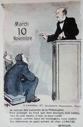 Kalender für 1914, Werbung für Sportkleidung mit einer Karikatur des französischen Philosophen Henri Bergson (1859-1941)
