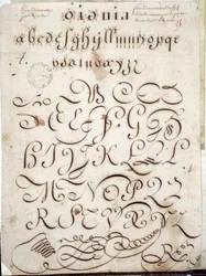 Kalligraphie: Manuskriptstück in Rundschrift auf Velin, verziert mit Arabesken um 1813 von Sebastien Royllet. Historische Bibliothek der Stadt Paris
