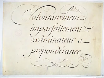 Kalligraphie: Manuskriptstück um 1670 von Andre Francois Roland. „absichtlich, unvollkommen, Prüfer, Vorherrschaft“